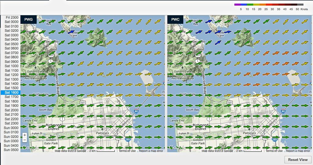 Wind map for September 7, 2013 San Francisco at 1500hrs - 18fters - Race 1 &copy; PredictWind.com www.predictwind.com
